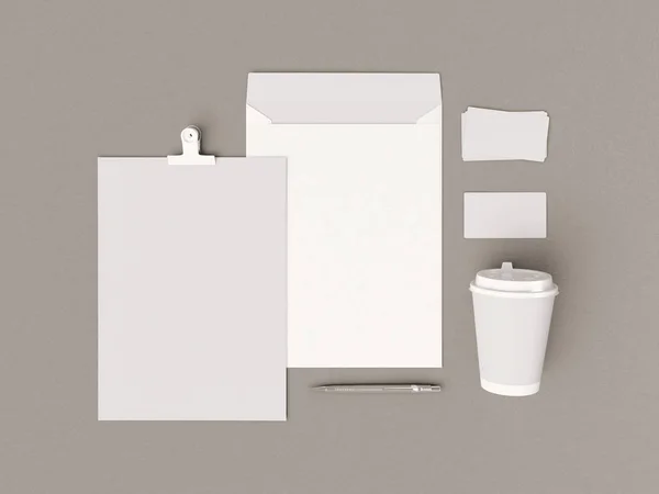 Identidad corporativa en blanco y negro. Branding Mock Up. Material de oficina, Gadgets. Ilustración 3D — Foto de Stock