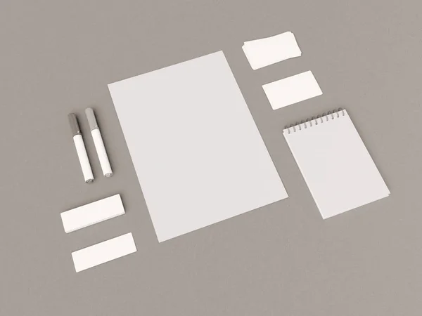 Schwarz-weiße Corporate Identity. Branding-Attrappe. Bürobedarf, Gadgets. 3D-Illustration — Stockfoto