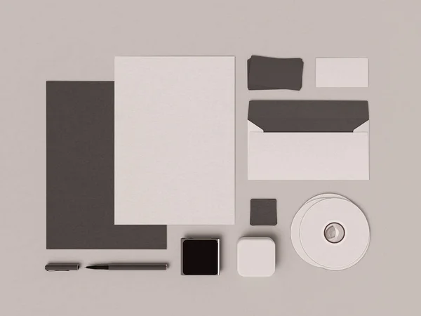 Corporate Identity. Branding Mock upp. Kontorsmaterial, prylar. 3D illustration — Stockfoto