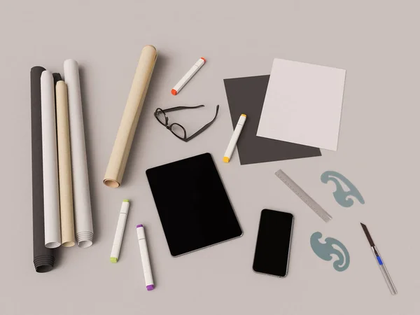 Corporate Identity. Branding Mock Up. Kantoorartikelen, Gadgets. 3D illustratie — Stockfoto