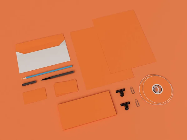 Orange Corporate Identity. Branding Mock Up. Office supplies, Gadgets. 3D illustration — Stock Photo, Image