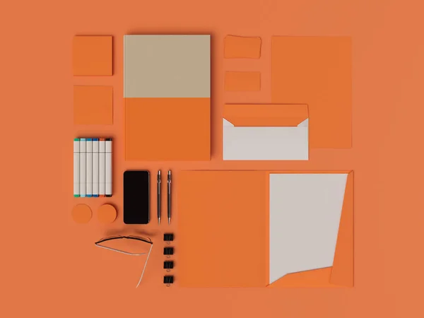 Orange Corporate Identity. Branding Mock Up. Office supplies, Gadgets. 3D illustration