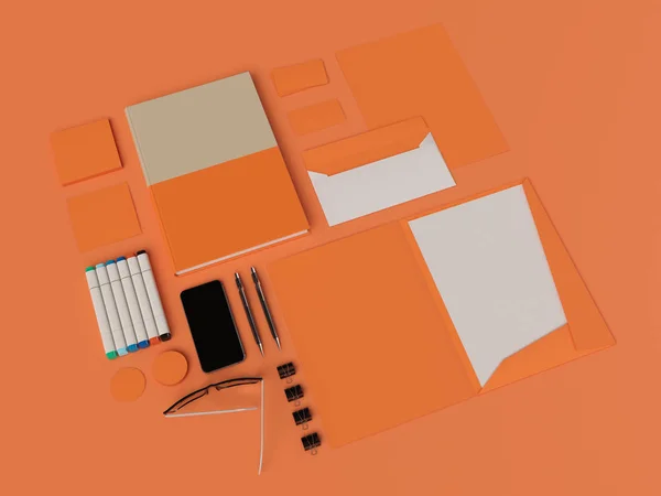 Orange företagsidentitet. Branding Mock upp. Kontorsmaterial, prylar. 3D illustration — Stockfoto