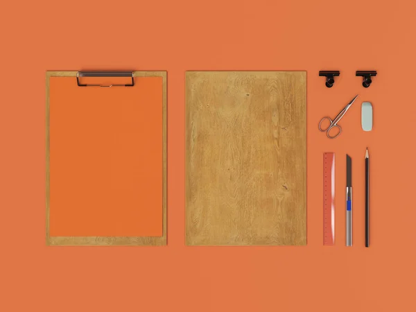Orange Corporate Identity. Branding Mock Up. Office supplies, Gadgets. 3D illustration