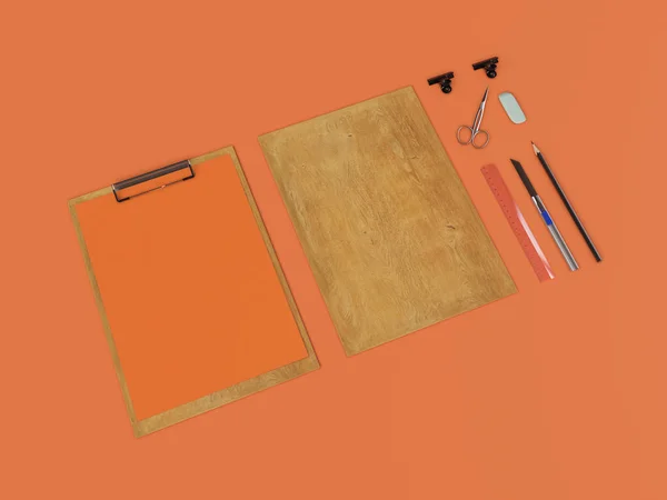 Orange Corporate Identity. Branding Mock Up. Office supplies, Gadgets. 3D illustration