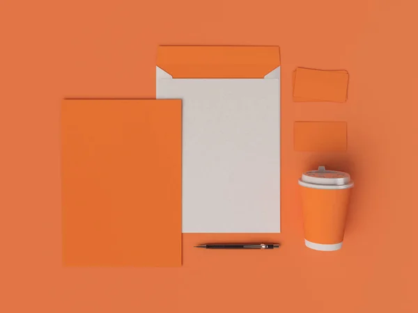 Orange Corporate Identity. Branding Mock Up. Office supplies, Gadgets. 3D illustration