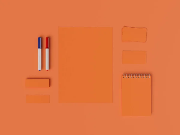 Narancssárga vállalati-azonosság. Branding Mock Up. Irodaszerek, szerkentyű. 3D-s illusztráció — Stock Fotó