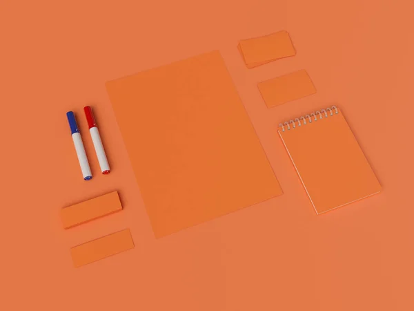 橙色的企业形象。品牌上的模拟。办公用品、 小玩意。3d 图 — 图库照片