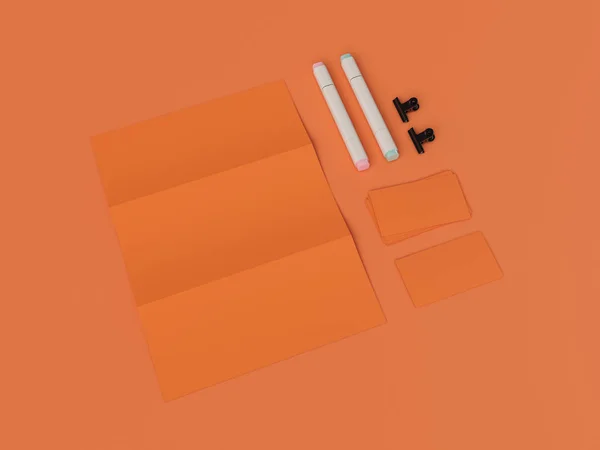 Narancssárga vállalati-azonosság. Branding Mock Up. Irodaszerek, szerkentyű. 3D-s illusztráció — Stock Fotó