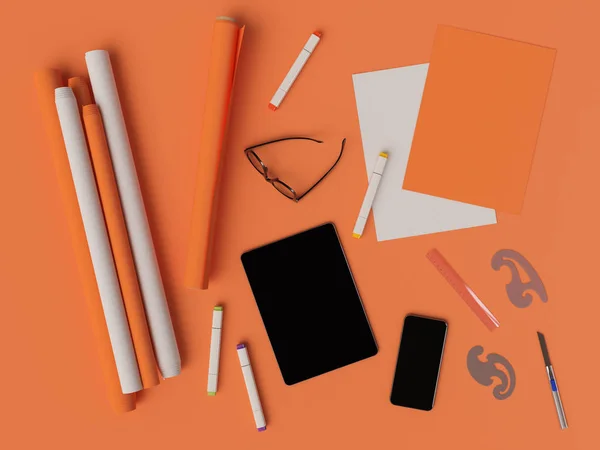 Orange Corporate Identity. Branding Mock Up. Office supplies, Gadgets. 3D illustration