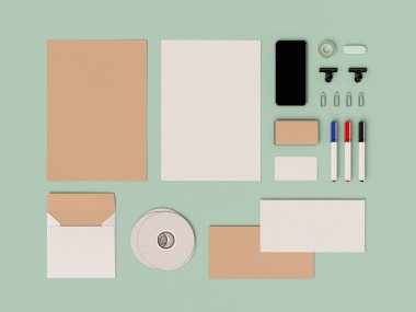 Kurumsal kimlik. Kadar sahte marka. Ofis, banka donatımı, becerikli alet. 3D çizim