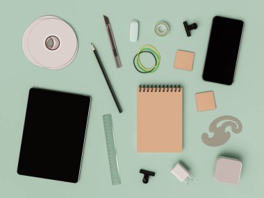 Kurumsal kimlik. Kadar sahte marka. Ofis, banka donatımı, becerikli alet. 3D çizim