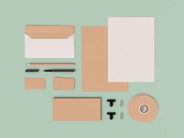 Kurumsal kimlik. Kadar sahte marka. Ofis, banka donatımı, becerikli alet. 3D çizim