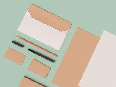 Kurumsal kimlik. Kadar sahte marka. Ofis, banka donatımı, becerikli alet. 3D çizim