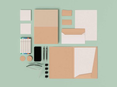 Kurumsal kimlik. Kadar sahte marka. Ofis, banka donatımı, becerikli alet. 3D çizim. 3D çizim