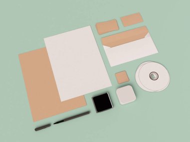 Kurumsal kimlik. Kadar sahte marka. Ofis, banka donatımı, becerikli alet. 3D çizim