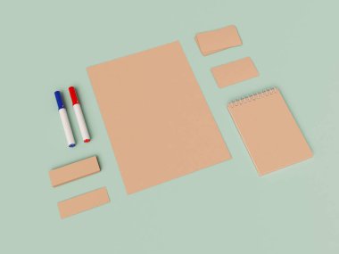 Kurumsal kimlik. Kadar sahte marka. Ofis, banka donatımı, becerikli alet. 3D çizim