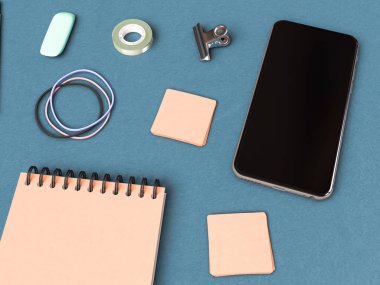 Kurumsal kimlik. Kadar sahte marka. Ofis, banka donatımı, becerikli alet. 3D çizim