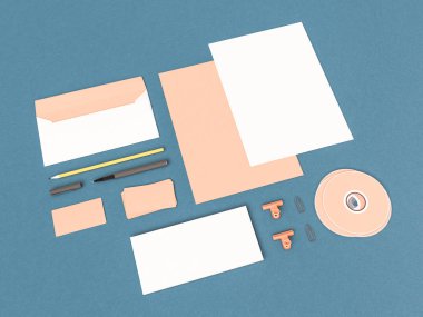 Kurumsal kimlik. Kadar sahte marka. Ofis, banka donatımı, becerikli alet. 3D çizim