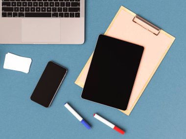 Kurumsal kimlik. Kadar sahte marka. Ofis, banka donatımı, becerikli alet. 3D çizim