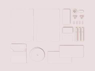 Beyaz kurumsal kimlik. Kadar sahte marka. Ofis, banka donatımı, becerikli alet. 3D çizim