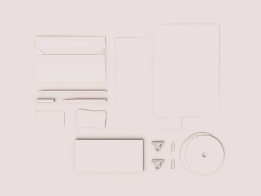 Beyaz kurumsal kimlik. Kadar sahte marka. Ofis, banka donatımı, becerikli alet. 3D çizim