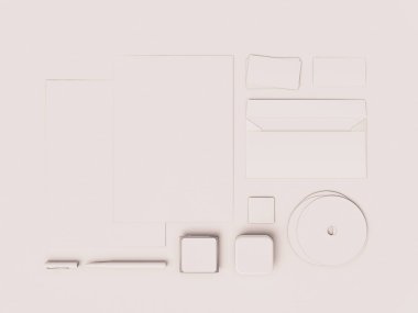 Beyaz kurumsal kimlik. Kadar sahte marka. Ofis, banka donatımı, becerikli alet. 3D çizim