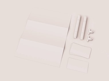 Beyaz kurumsal kimlik. Kadar sahte marka. Ofis, banka donatımı, becerikli alet. 3D çizim