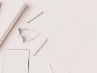 Beyaz kurumsal kimlik. Kadar sahte marka. Ofis, banka donatımı, becerikli alet. 3D çizim