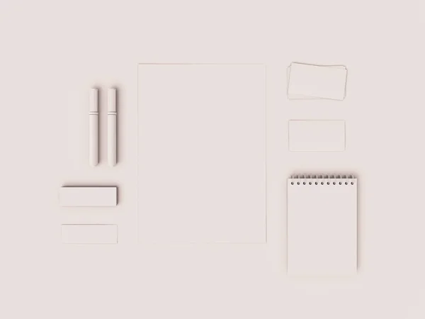 Biały-Corporate Identity. Branding Mock Up. Artykuły biurowe, gadżety. ilustracja 3D — Zdjęcie stockowe