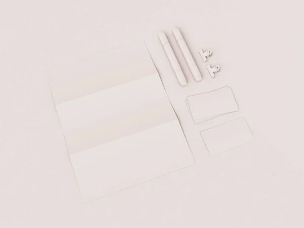 Fehér vállalati-azonosság. Branding Mock Up. Irodaszerek, szerkentyű. 3D-s illusztráció — Stock Fotó