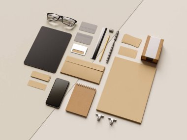 Kurumsal kimlik. Kadar sahte marka. Ofis, banka donatımı, becerikli alet. 3D çizim. 3D çizim