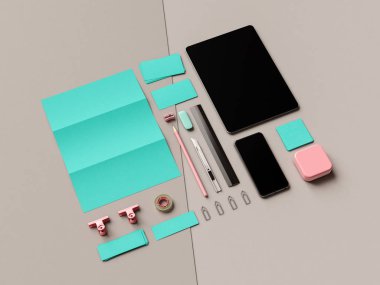 Kurumsal kimlik. Kadar sahte marka. Ofis, banka donatımı, becerikli alet. 3D çizim