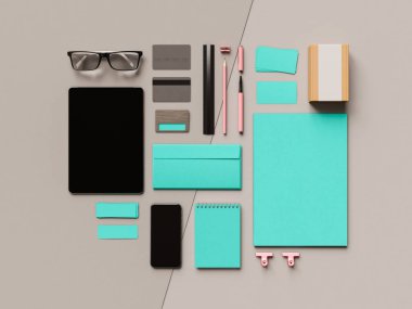 Kurumsal kimlik. Kadar sahte marka. Ofis, banka donatımı, becerikli alet. 3D çizim. 3D çizim