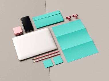 Kurumsal kimlik. Kadar sahte marka. Ofis, banka donatımı, becerikli alet. 3D çizim