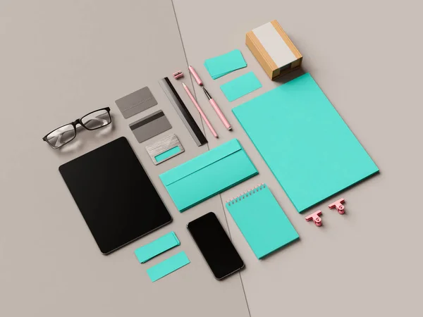 Corporate Identity. Branding Mock Up. Office supplies, Gadgets. 3D illustration. 3D illustration — Stock Photo, Image