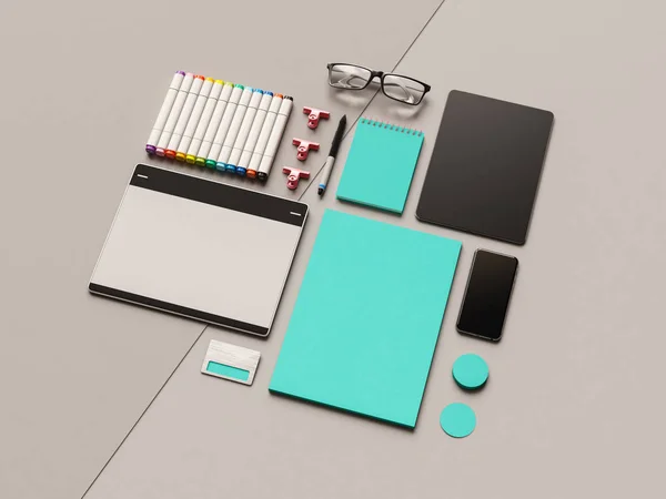 Identidade Corporativa. Branding Mock Up. Material de escritório, Gadgets. Ilustração 3D. Ilustração 3D — Fotografia de Stock