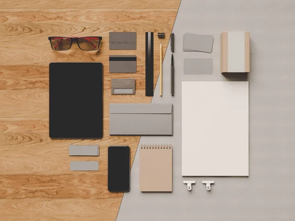 Corporate Identity. Branding Mock Up. Office supplies, Gadgets. 3D illustration. 3D illustration