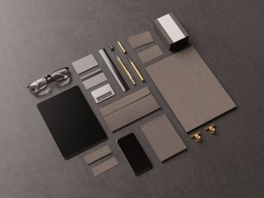 Siyah kurumsal kimlik. Kadar sahte marka. Ofis, banka donatımı, becerikli alet. 3D çizim. 3D çizim