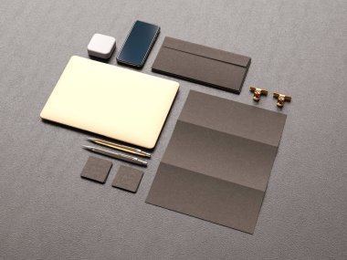 Siyah kurumsal kimlik. Kadar sahte marka. Ofis, banka donatımı, becerikli alet. 3D çizim