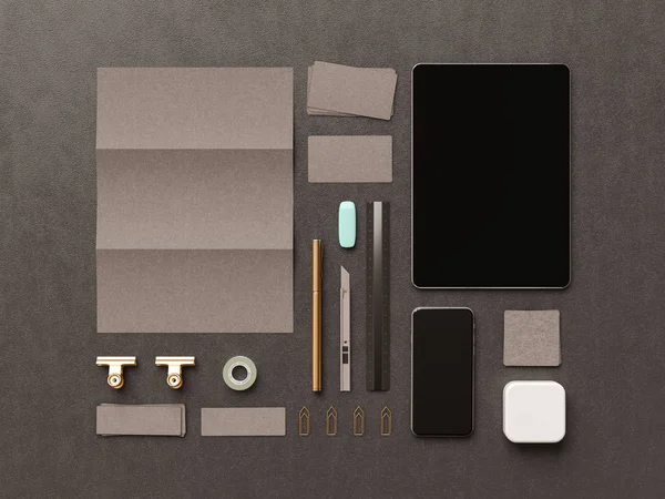 Black Corporate Identity. Branding Mock Up. Office supplies, Gadgets. 3D illustration — Stock Photo, Image