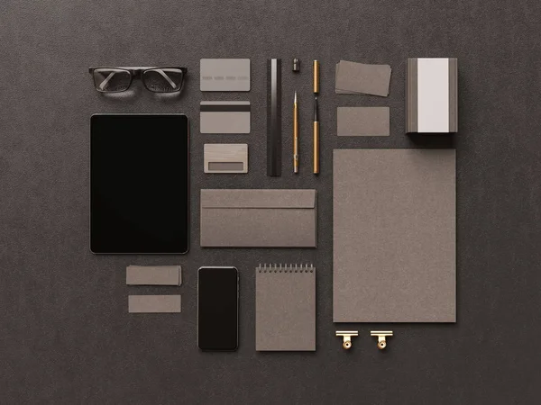 Black Corporate Identity. Branding Mock Up. Office supplies, Gadgets. 3D illustration. 3D illustration