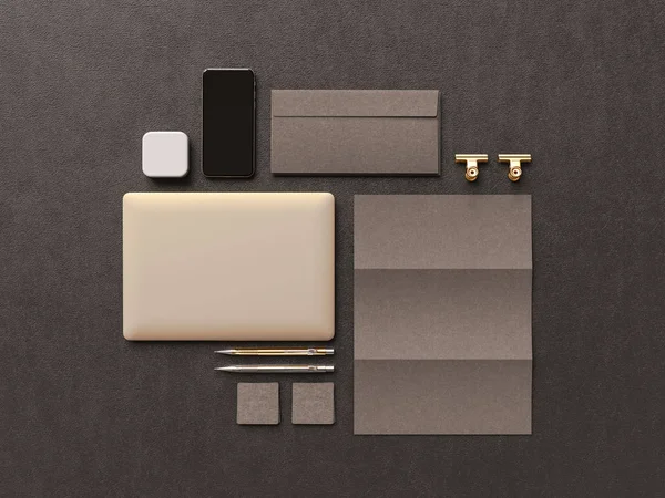 Black Corporate Identity. Branding Mock Up. Office supplies, Gadgets. 3D illustration