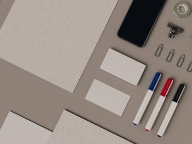 Kurumsal kimlik. Kadar sahte marka. Ofis, banka donatımı, becerikli alet. 3D çizim