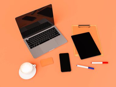 Kurumsal kimlik. Kadar sahte marka. Ofis, banka donatımı, becerikli alet. 3D çizim