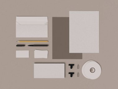 Kurumsal kimlik. Kadar sahte marka. Ofis, banka donatımı, becerikli alet. 3D çizim