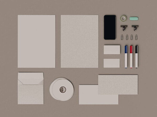 Корпоративная личность. Брендинг Mock Up. Офисные принадлежности, Гаджеты. 3D иллюстрация
