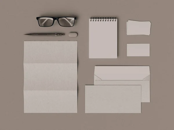 Corporate Identity. Branding-Attrappe. Bürobedarf, Gadgets. 3D-Illustration — Stockfoto