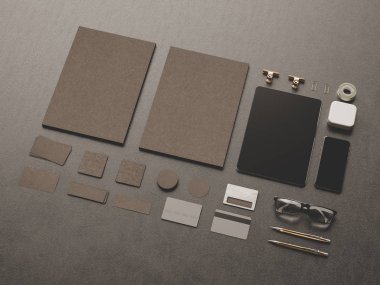 Siyah kurumsal kimlik. Kadar sahte marka. Ofis, banka donatımı, becerikli alet. 3D çizim