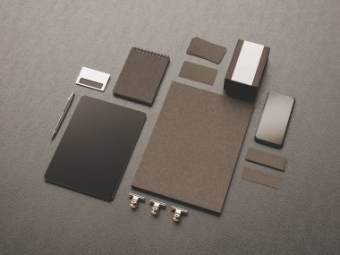 Siyah kurumsal kimlik. Kadar sahte marka. Ofis, banka donatımı, becerikli alet. 3D çizim